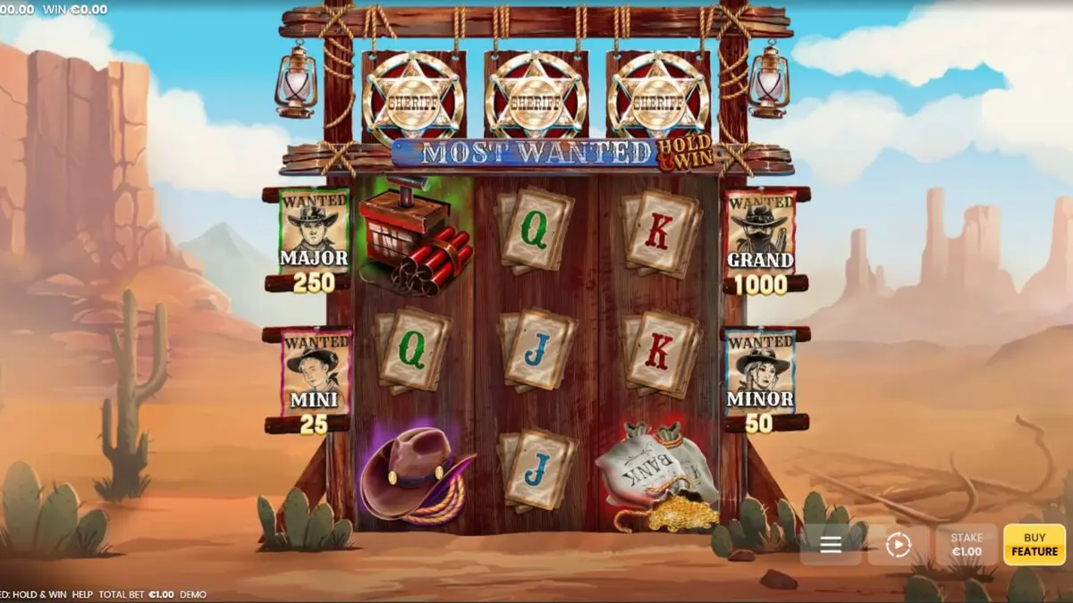 Most Wanted: Hold & Win slot machine interface featuring sheriff badges and western theme