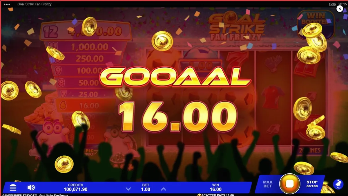Tampilan visual stadion sepak bola yang meriah dalam permainan slot Goal Strike Fan Frenzy